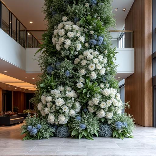 A modern hotel lobby with a large, dramatic floral installation.