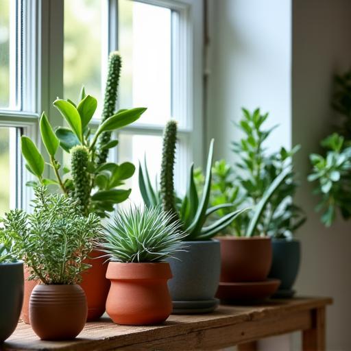 A collection of assorted succulents and houseplants on a wooden shelf.